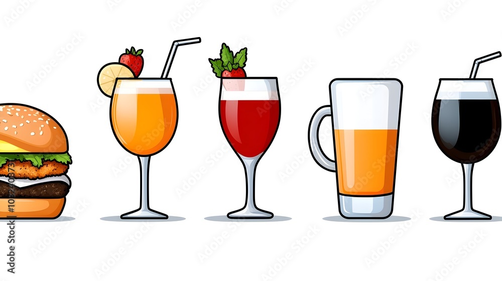 Poster minimalist and clean catering icon set featuring beverage food and cutlery elements in a simple flat