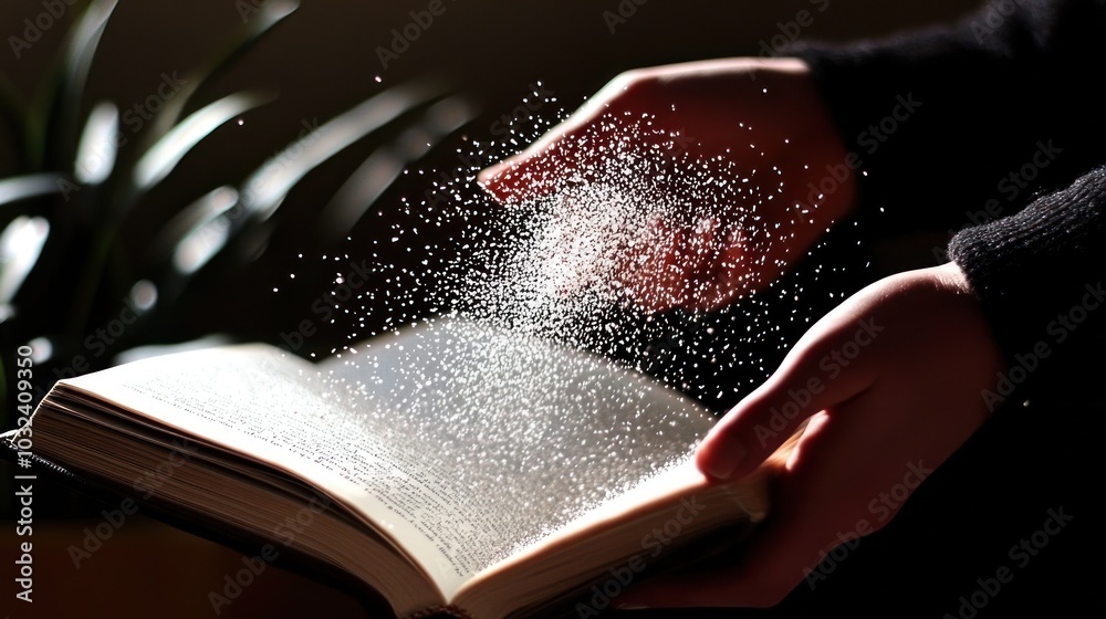 Poster A Hand Holding an Open Book With Particles Erupting From Its Pages