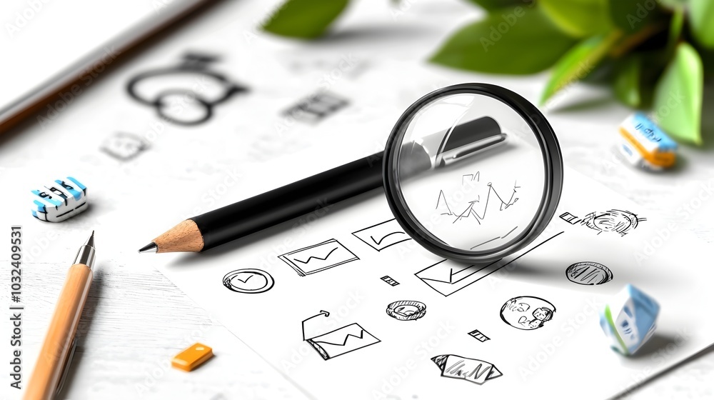 Aufkleber Checklist and analysis icons in a handwritten evaluation set on a clean white background  Thin line of inspection symbols technical graphics for data analysis research and planning