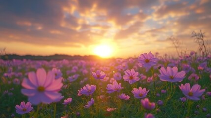 Pink Cosmos Flowers Blooming in a Field at Sunset