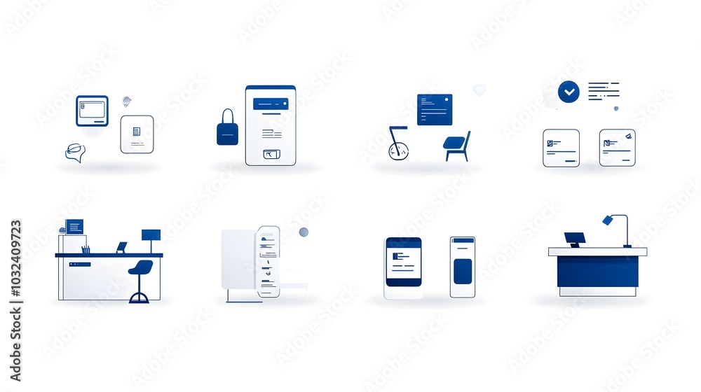 Aufkleber icons depicting the essential elements of a reception desk including a counter information station and reservation area all designed in a clean minimalist line art style for use in office business