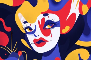 Vibrant abstract art featuring a stylized woman with bold colors and playful shapes against a dark background