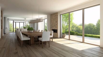 Fototapeta premium Modern Dining Room with Natural Light and Greenery