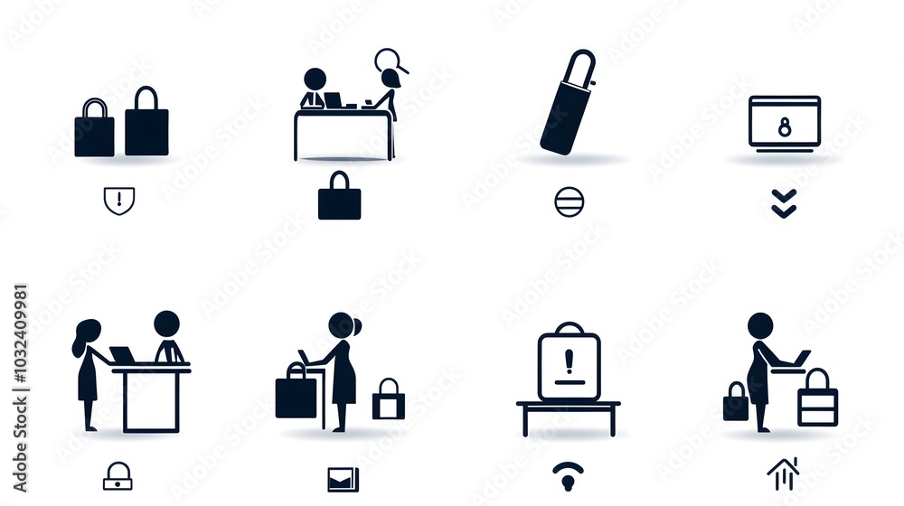 Aufkleber minimalist icon set showcasing reception desk staff offering assistance and service to guests and cl