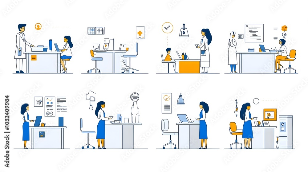 Poster reception desk line icon set featuring a receptionist hotel bell and customer service depicting esse