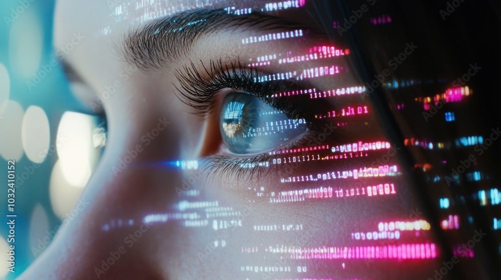 Poster close-up of a human eye with digital code overlay