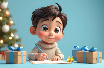 cartoon a child writes a wish list for Christmas. preparing for the holiday. blue background. Merry Christmas and Happy New Year