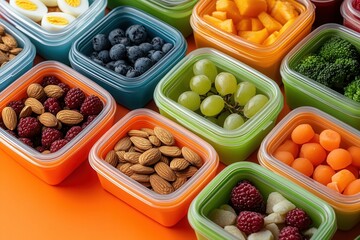 A vibrant display of meal prep containers filled with a variety of healthy snacks like fruits, nuts, and vegetables, neatly arranged on a bright orange surface, showcasing a colorful and nutritious se