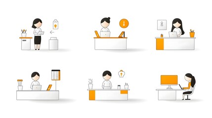 Detailed showcasing a contemporary desk setup with staff guest and client service line icons for a professional and efficient work environment