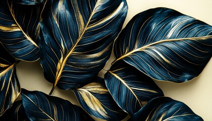 Close-up group dark blue leaves gold veins running Raster illustration of beautiful