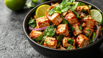 Fototapeta premium Fresh Tofu Larb with Herbs and Red Onion in Bowl