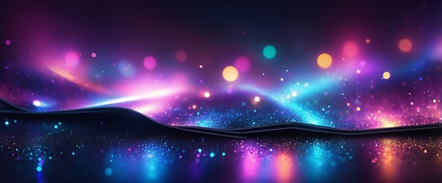 A vibrant and glamorous abstract background with a mixture of neon lights, glowing sparkles, and a soft, luxurious texture. The image captures the essence of nightlife with its de focused bookend