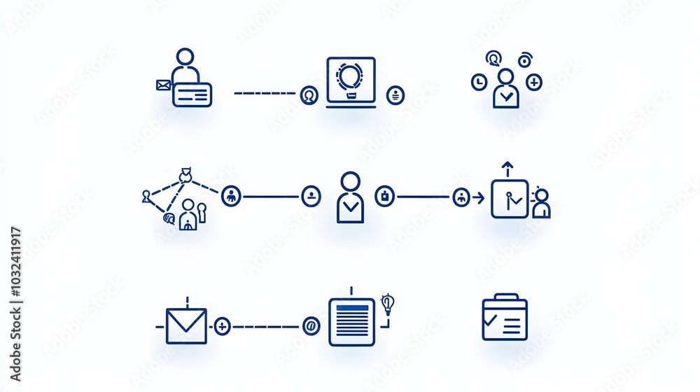 Leinwandbilder Minimalist thin line icons showcasing the organizational hierarchy leadership roles team dynamics and collaborative workflows within a professional corporate setting