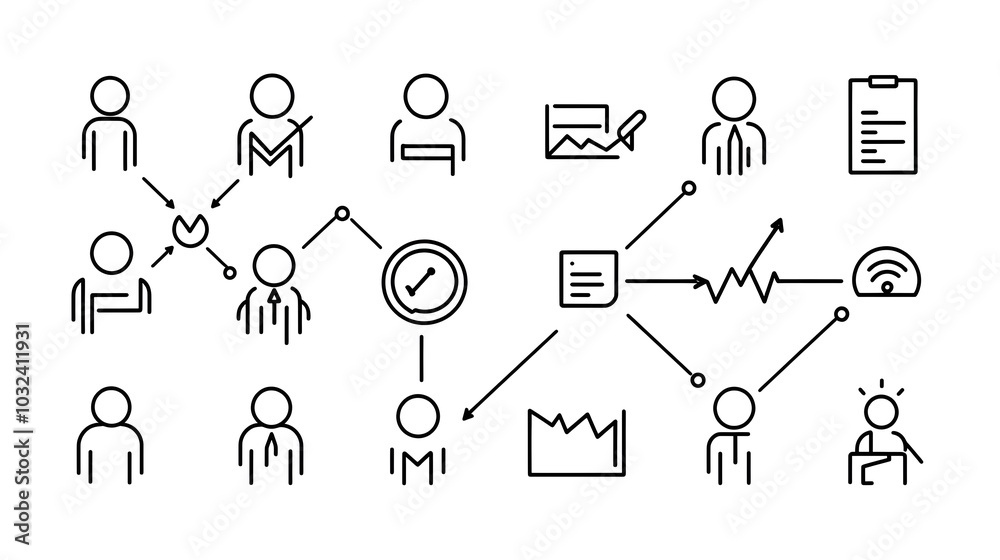 Fototapete Minimalist thin line icons displaying company hierarchy leadership team dynamics and with simple outlines for a clean professional look