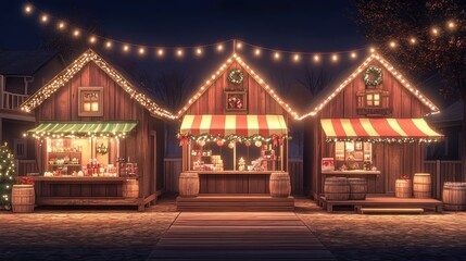 Charming market stalls adorned with colorful lights at night.