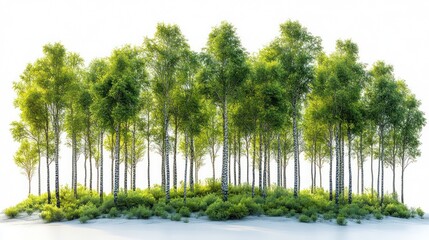 A cluster of tall, slender, green trees with white bark on a white background.