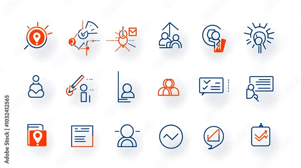 Poster A set of thin line minimalist outline icons depicting various aspects of people groups and community dynamics such as audience interaction