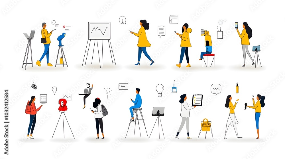 Poster depicting a group of human figures in a minimalist thin line style representing the concept of business and community teams with a modern and simple aesthetic design