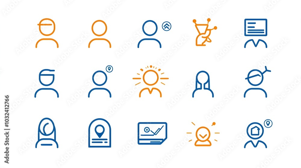 Poster thin line icon set depicting a variety of human figures including community members team participant