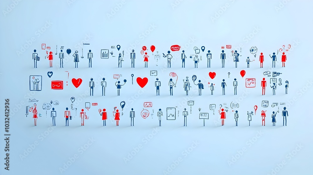 Poster icons in a thin line style representing people in groups participants organization members teams and