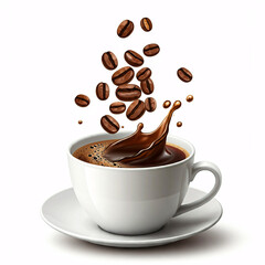 Obraz premium white coffee cup with splash and coffee beans falling