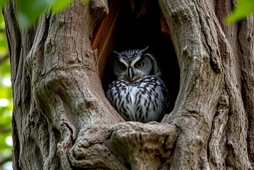 Wise Tree Owl A wise owl nestled in the hollow of a large tree i