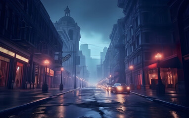 Night scene on the street of a foggy city