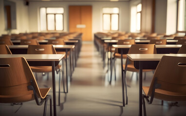 Empty university classroom with chairs and tables
