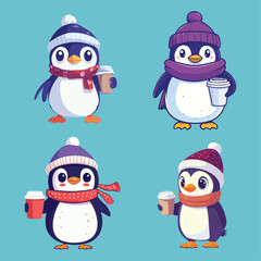 set of cute penguin wearing a hat and scarf and holding a coffee cup in its hand