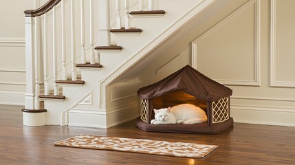Under-the-Stairs Cat Den: A cleverly designed cat house tucked beneath a staircase. Soft lighting reveals a snoozing cat inside. 
