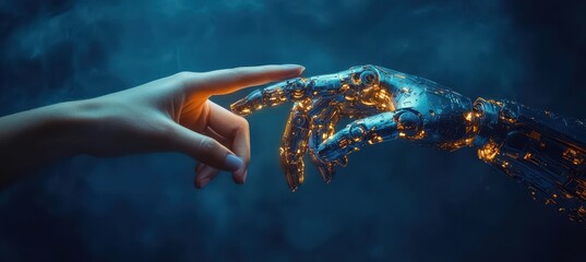 Human hand touching AI robot finger on blurry blue background