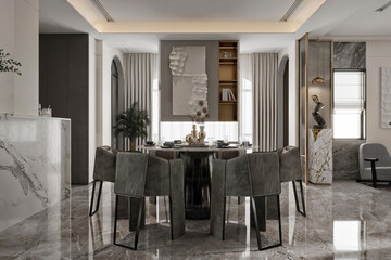3d render of luxury living room, dining room