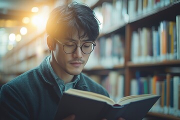 Man reading a book in a library