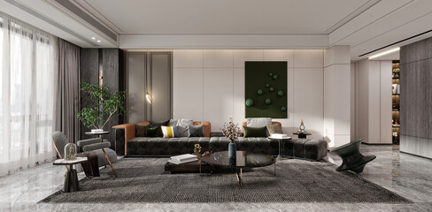 3d render of luxury living room, dining room