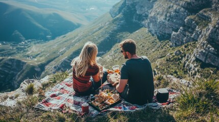 Fototapeta premium Couple enjoying a picnic on a mountain top, with breathtaking views in the background