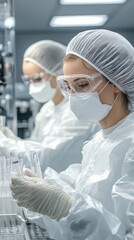 Modern Scientists Chemistry Research Team in White Suits Analyzing Test Tubes in Advanced Laboratory Setting