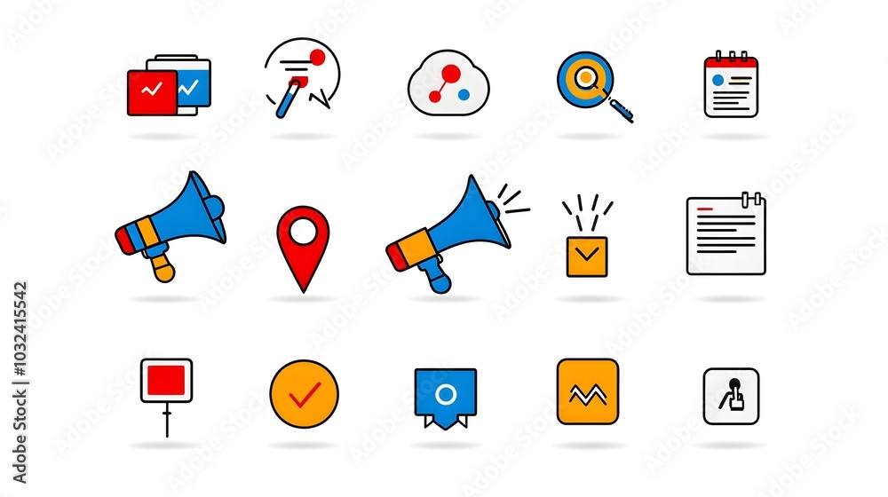 Poster depicting a set of digital marketing icons including a megaphone target goals online media and mobile communication designed with clean simple lines for a professional and minimalist look