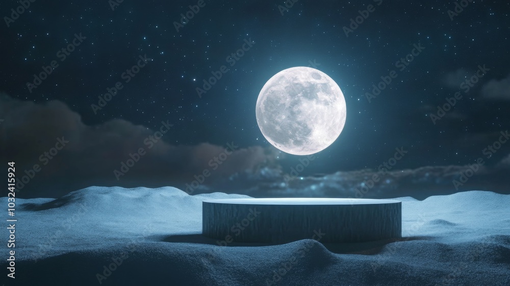 Aufkleber A tranquil winter night showcases a full moon casting light over a snowy terrain, highlighting an elevated circular platform. Stars fill the sky, creating a peaceful and enchanting atmosphere.