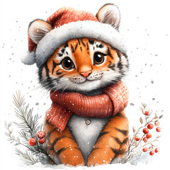 Sticker of Christmas tiger cute happy winter character, simple illustration on a white background, cute and dreamy.