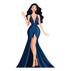 A woman in an elegant blue evening gown stands with one hand raised