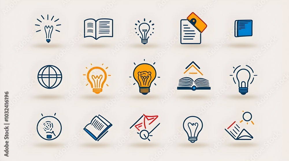 Poster A sleek and modern icon set featuring minimalist outline symbols associated with knowledge education and intellectual abilities such as a book brain light bulb and globe