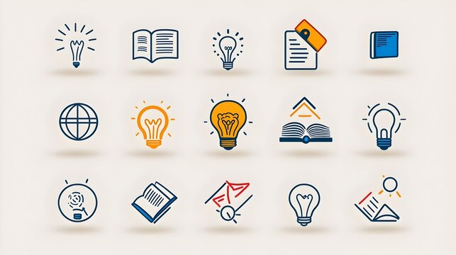 A sleek and modern icon set featuring minimalist outline symbols associated with knowledge education and intellectual abilities such as a book brain light bulb and globe