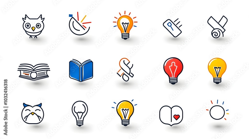 Poster minimalist showcasing a set of clean thin line icons representing knowledge education and intellectu