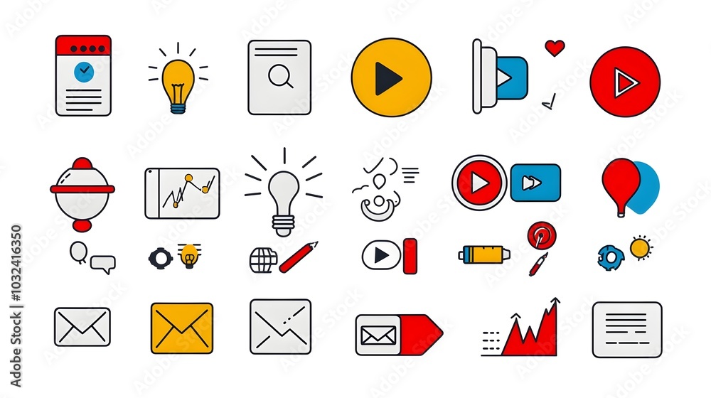 Poster minimalist icon set depicting essential digital marketing elements like advertising target goals soc