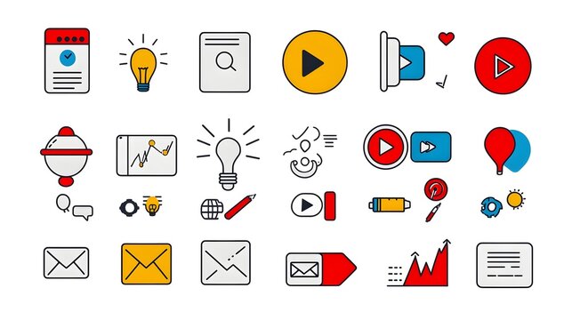 Minimalist icon set depicting essential digital marketing elements like advertising target goals social media influence online video content and more designed in a modern thin line style - Powered by Adobe