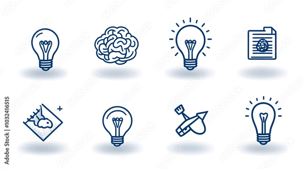 Poster Elegant thin line icons featuring a brain light bulb imagination and thinking for a clean minimalist representation of the creative and educational concept of knowledge and intelligence