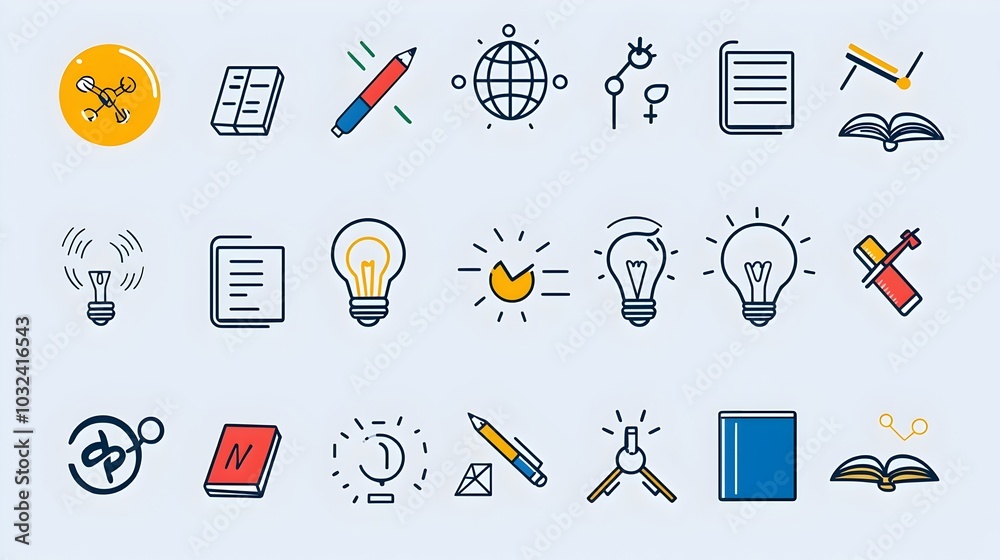 Leinwandbilder thin line icons representing key elements of education knowledge and imagination including a book li