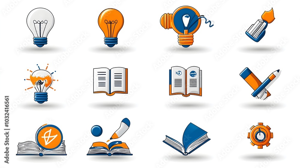Aufkleber Thin line icons depicting education knowledge and imagination themes with sleek modern outlines  Includes symbols such as book light bulb and globe to represent intellectual and learning concepts