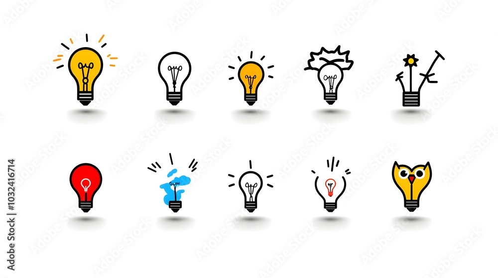 Poster Minimalist featuring a light bulb owl and other symbols representing knowledge creativity education and intelligence  The design has a clean modern aesthetic focused on the concept of learning