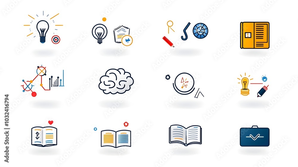 Poster Minimalist icon set featuring essential knowledge elements like brain creativity book and globe with sleek thin lines perfect for educational and imaginative digital visuals and graphic designs